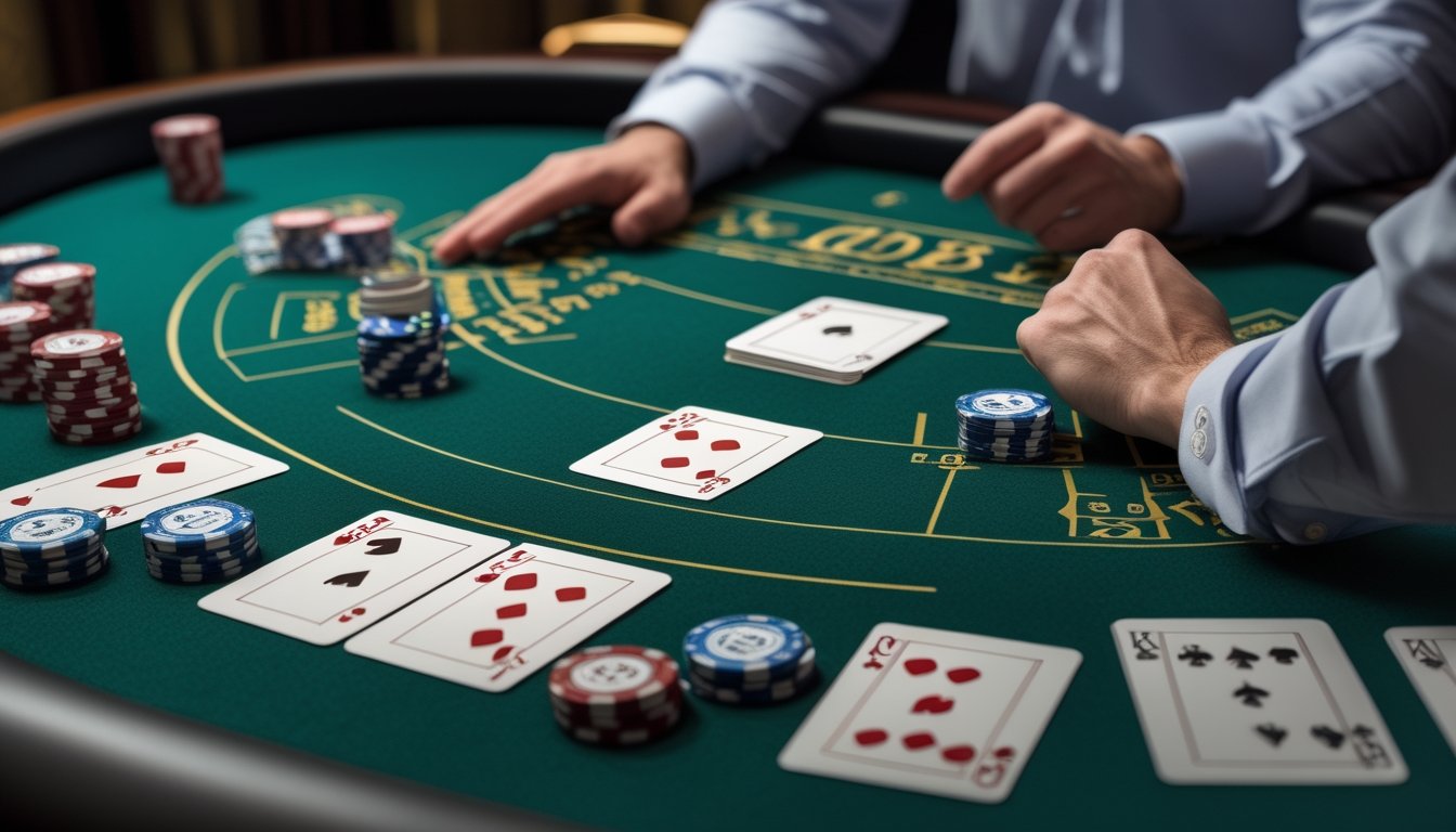 Pemain mengamati kartu dealer yang terbuka di meja blackjack dengan chip kasino di sekitarnya.