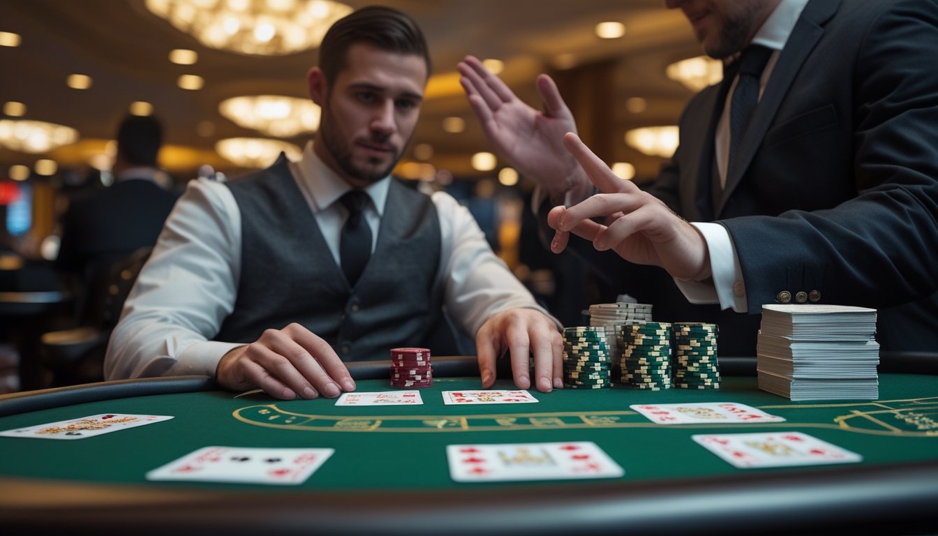 Seorang pemula mempelajari kartu blackjack di meja kasino dengan arahan dealer.