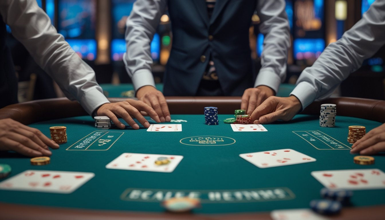 Pemain pemula mempelajari kartu dan chip di meja Double Exposure Blackjack di kasino.