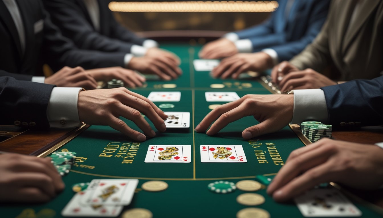 Meja blackjack modern dengan kartu terbuka, keping kasino, dan tangan pemain serta dealer.