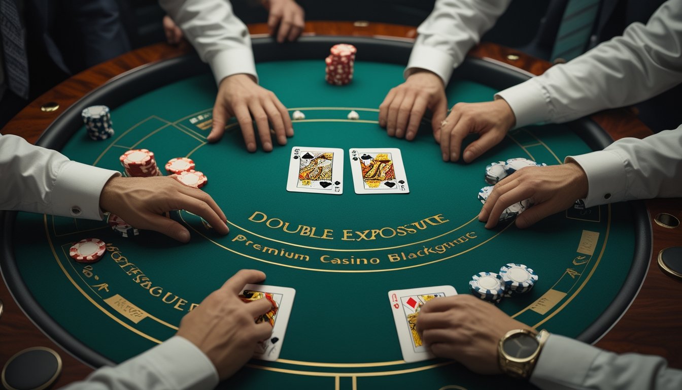 Meja blackjack dengan dua kartu dealer terbuka, kartu pemain, dan tumpukan chip di kasino modern.