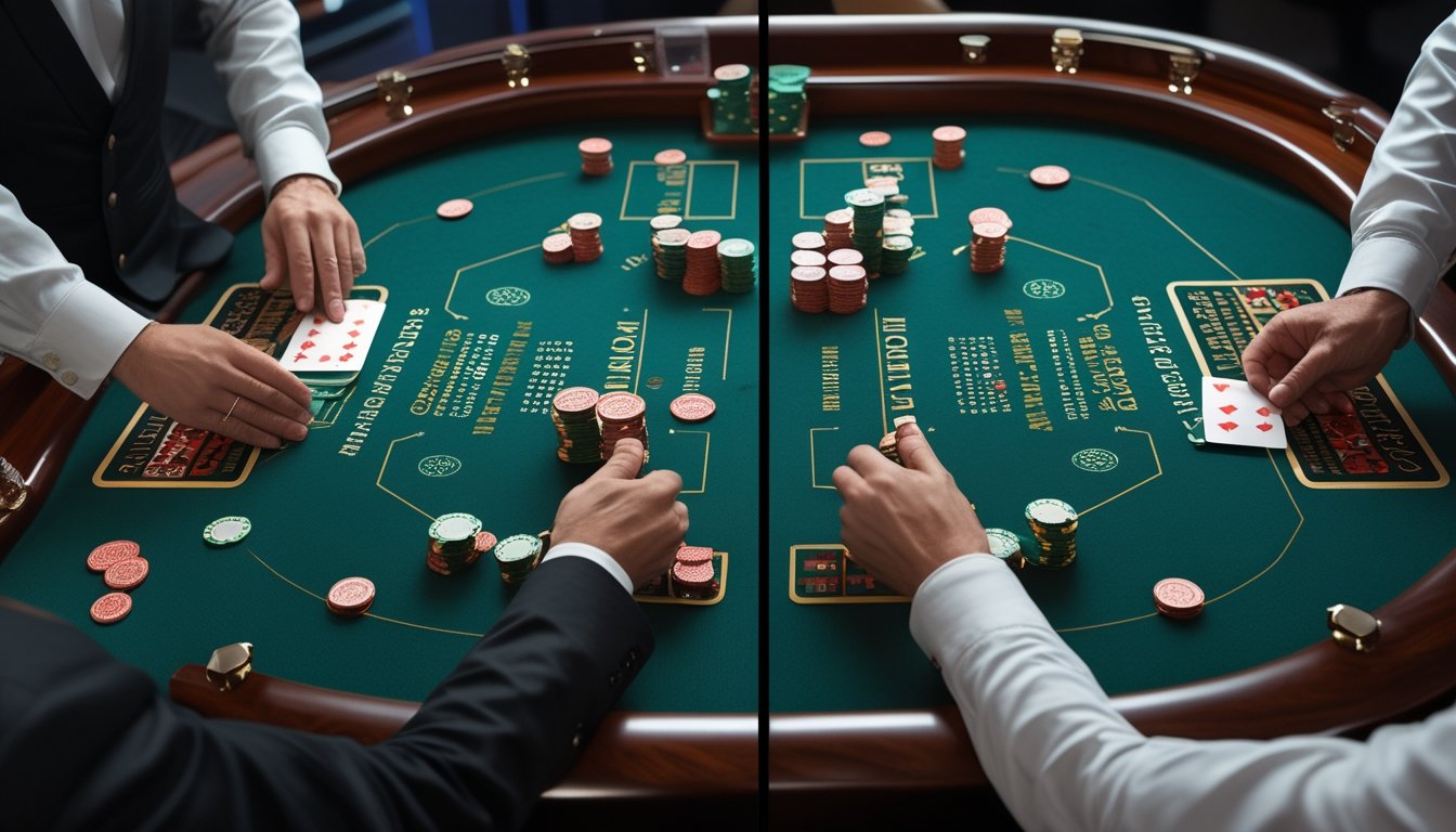Meja kasino dengan kartu blackjack, keping taruhan, dan tangan dealer yang membandingkan dua susunan permainan.