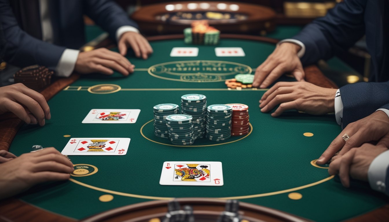 Dealer dan pemain berada di meja blackjack dengan kartu as, kartu wajah, dan tumpukan chip kasino.