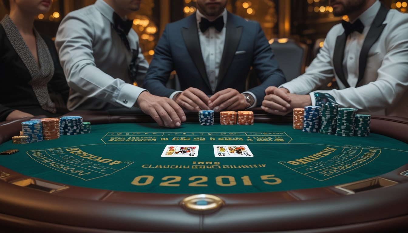 Pemain dan dealer dewasa sedang mempelajari kartu blackjack yang terbuka di meja kasino dengan suasana elegan.