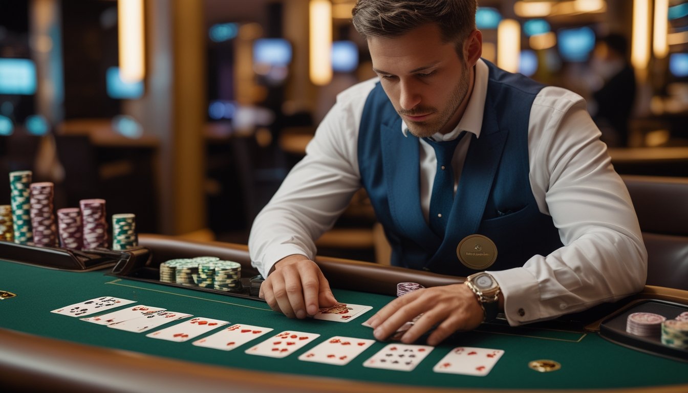 Pemain dan dealer mempelajari kartu blackjack yang terbuka di meja kasino.
