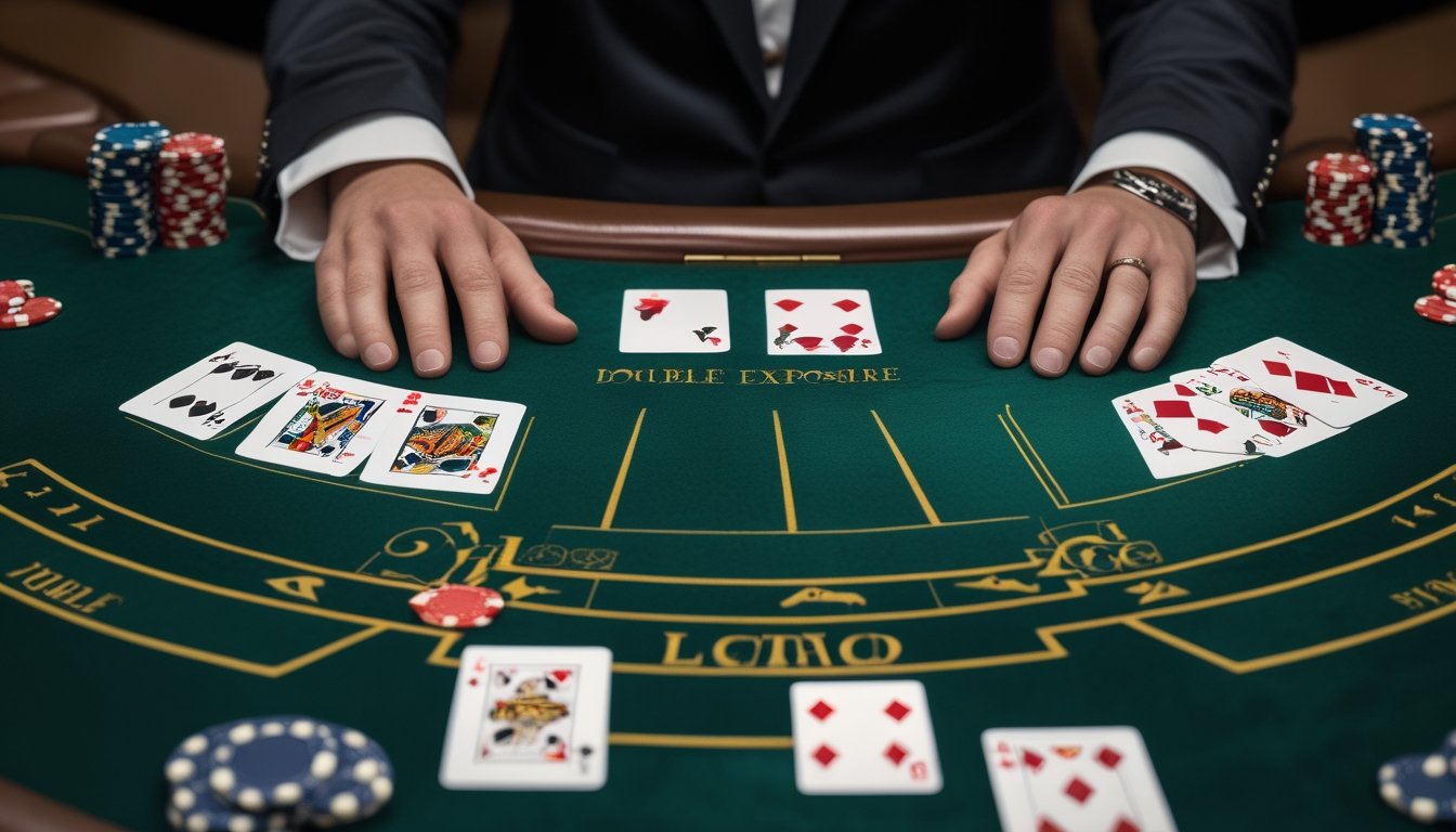 Meja blackjack kasino yang membandingkan dua susunan kartu, dengan kartu dealer terbuka di satu sisi dan satu kartu tersembunyi di sisi lainnya.