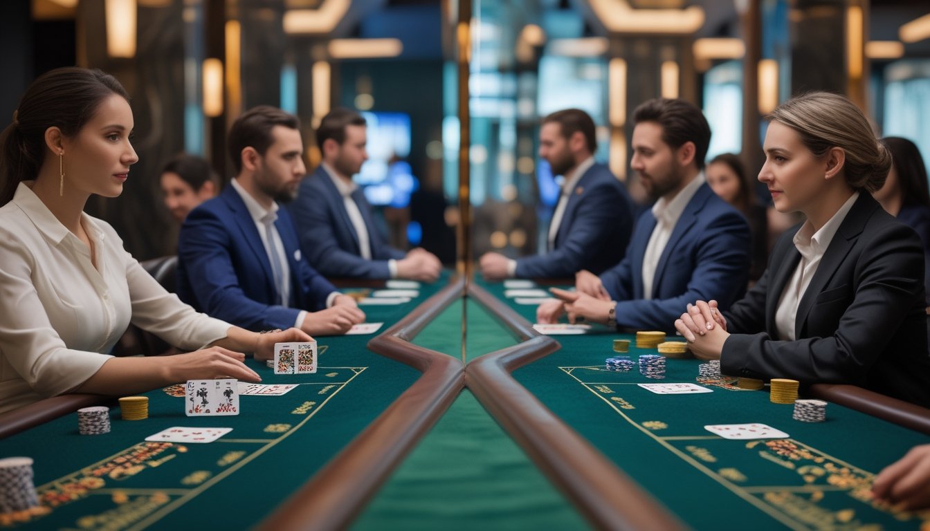 Dua meja blackjack berdampingan dengan susunan kartu dealer yang berbeda, pemain, dealer, dan keping kasino.