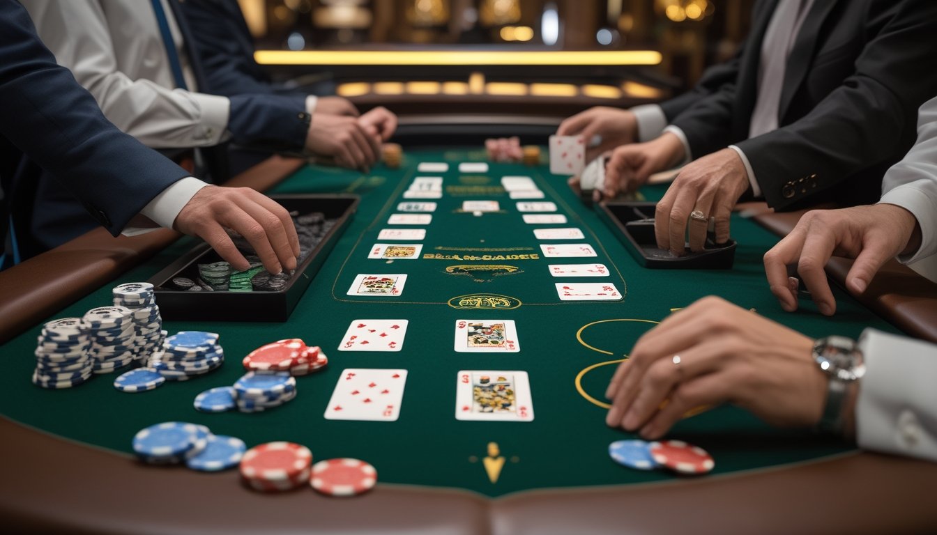 Dealer dan beberapa pemain berada di meja blackjack dengan kartu terbuka, tangan terpisah, serta chip dan perlengkapan permainan.