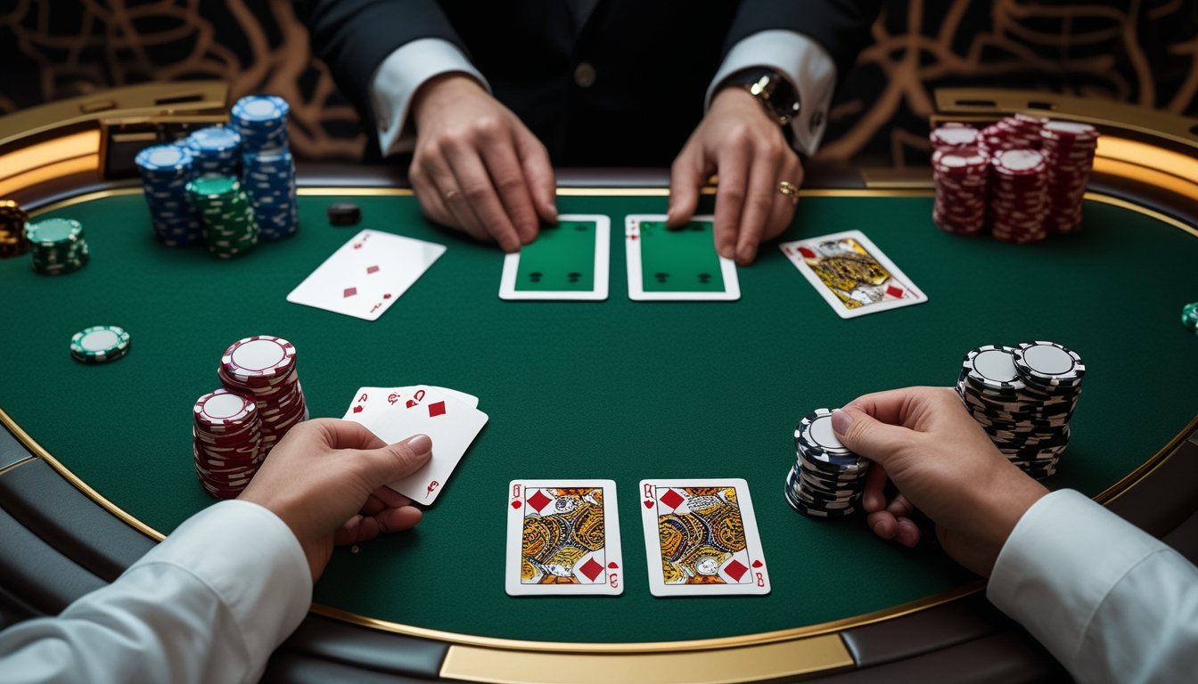 Tangan dealer menata dua tangan kartu terpisah dengan chip di atas meja blackjack.