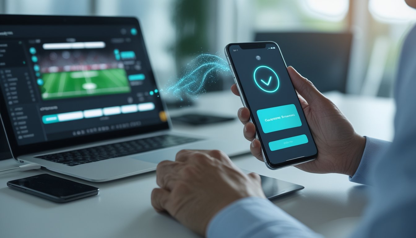 Seseorang menggunakan ponsel untuk melakukan transaksi dompet digital di samping laptop dan bola sepak.