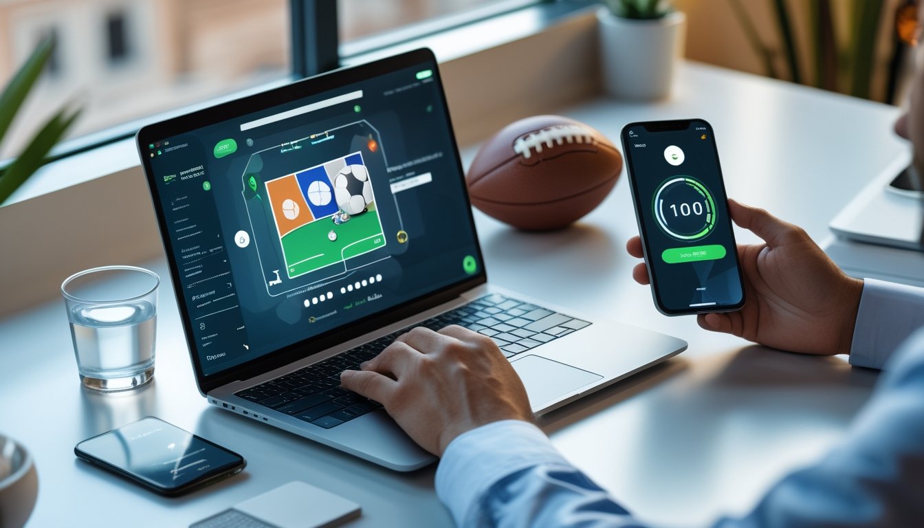 Laptop dan ponsel menampilkan antarmuka pertandingan sepak bola serta konfirmasi pembayaran dompet digital di meja kerja.