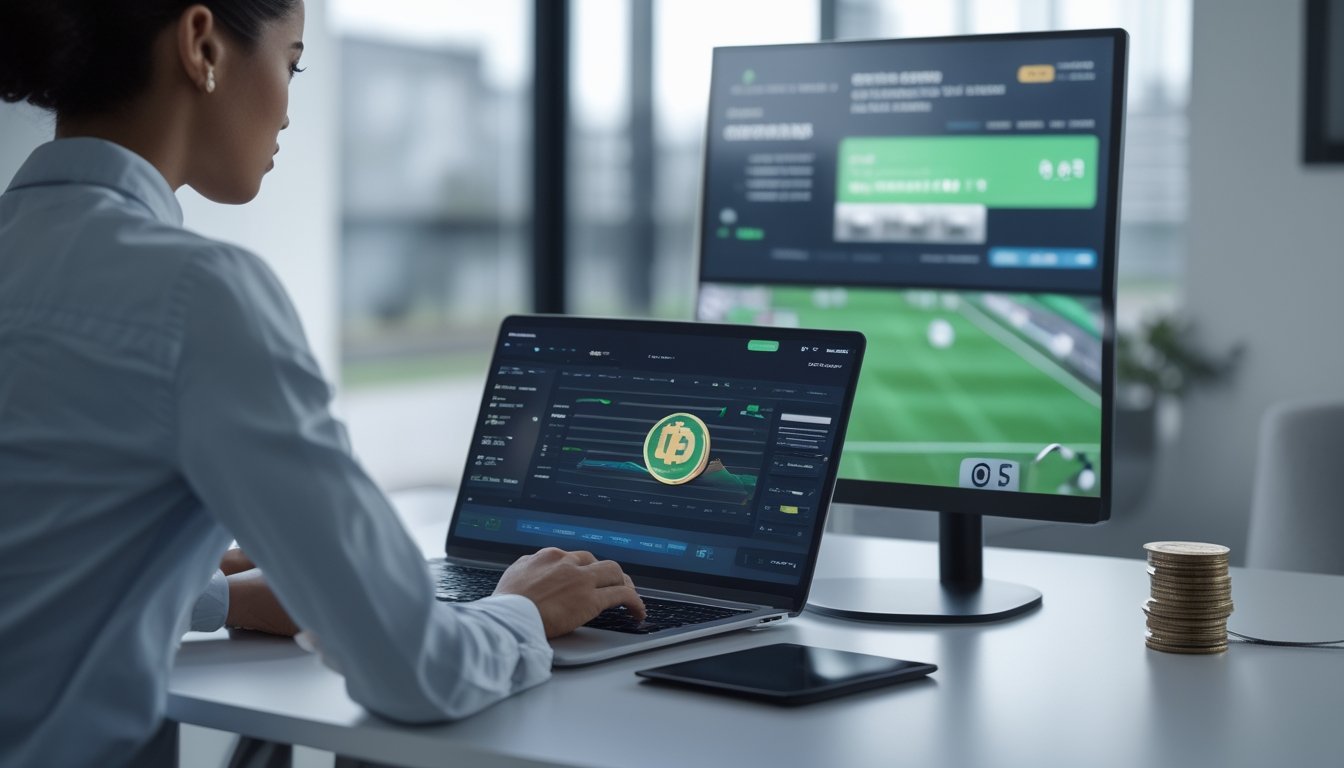 Orang dewasa menggunakan laptop dengan tampilan pertandingan sepak bola dan ponsel untuk pembayaran digital di ruang kerja modern.