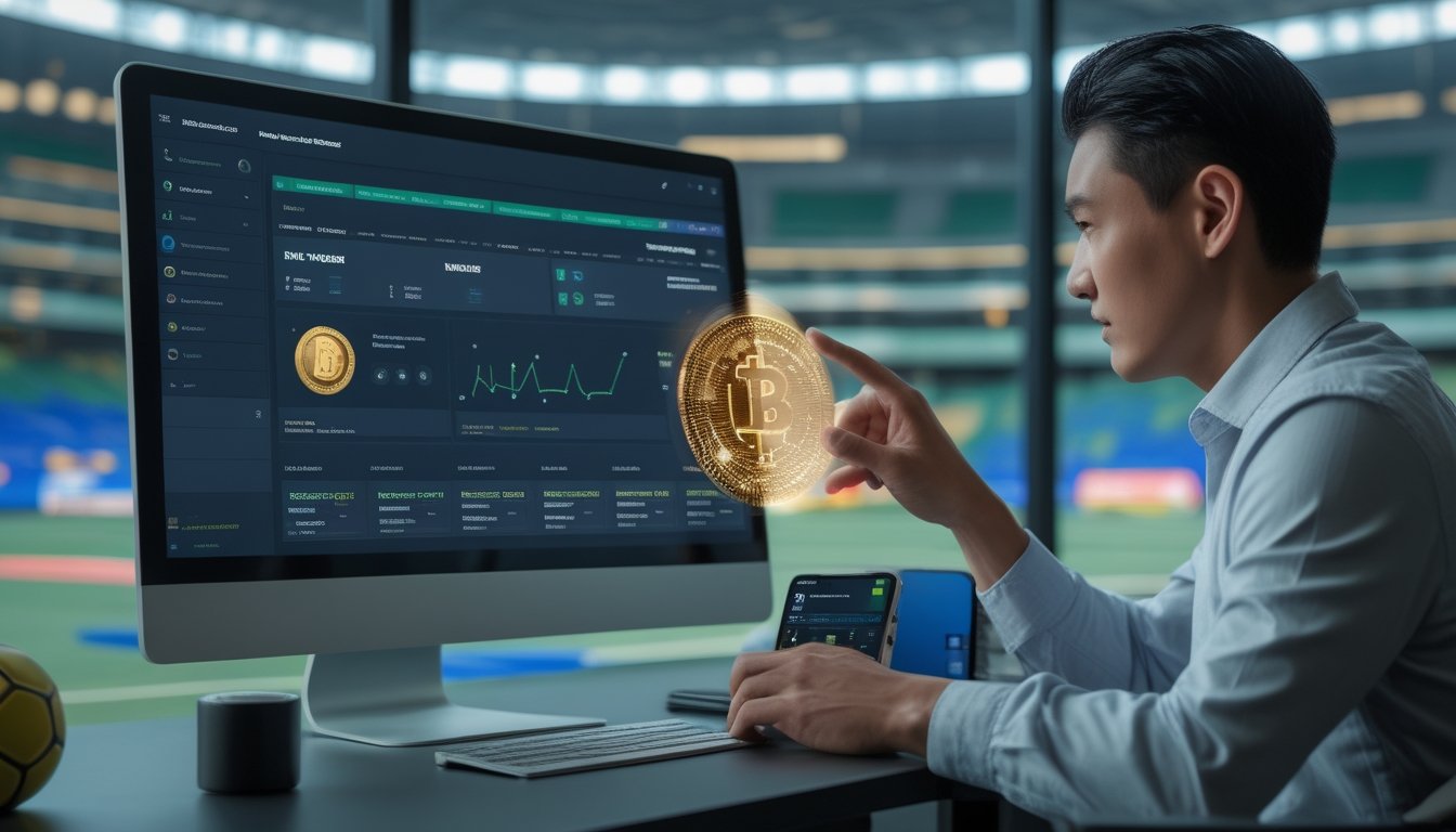 Seseorang menggunakan komputer dan ponsel untuk mengakses platform sepak bola digital dengan pembayaran QR dan aset kripto.