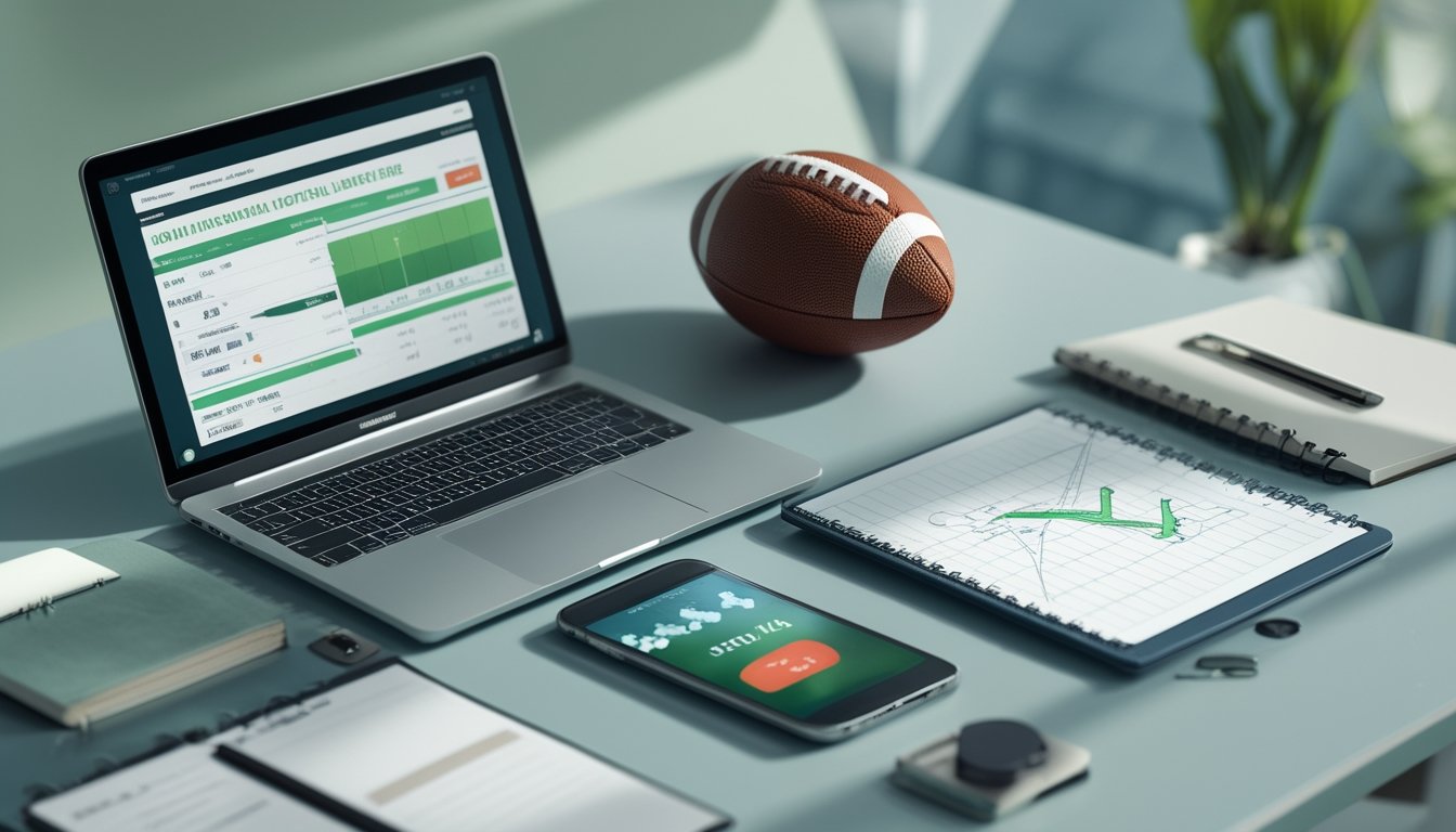 Meja kerja modern dengan laptop berisi statistik pertandingan sepak bola, ponsel, bola, buku catatan kosong, dan kalkulator.
