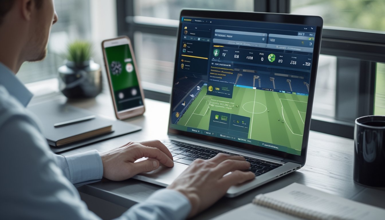 Penggemar sepak bola dewasa melihat analisis pertandingan di laptop dalam ruang kerja modern.