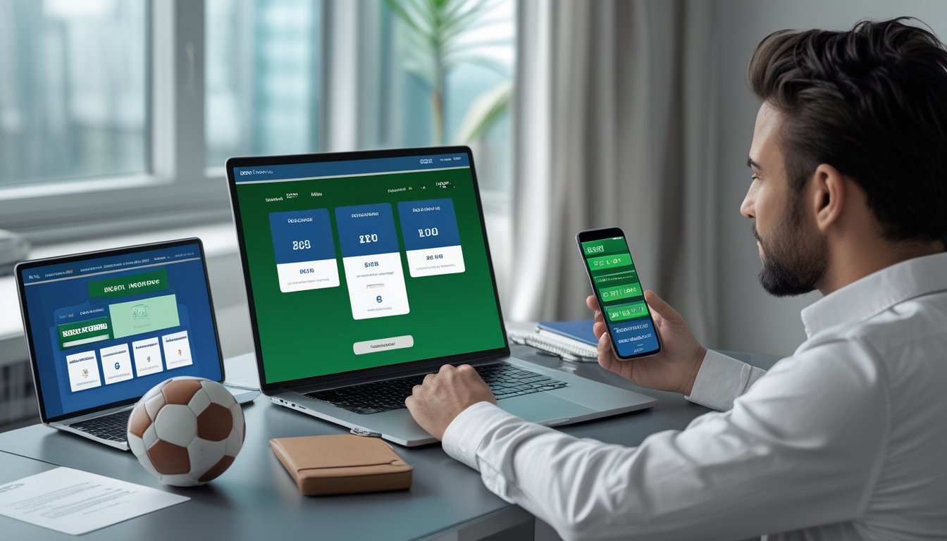 Pemula membandingkan beberapa platform taruhan sepak bola melalui laptop dan ponsel di meja kerja.