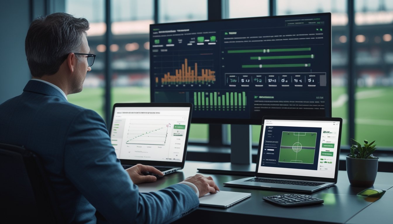 Analis sepak bola mempelajari grafik statistik pertandingan di ruang kerja modern.