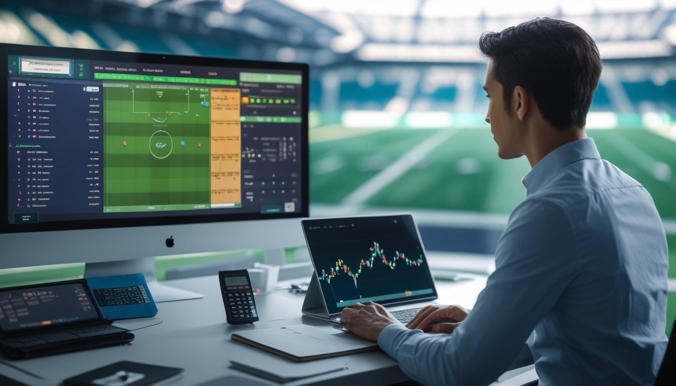 Seorang analis mempelajari data pertandingan sepak bola dan grafik handicap di ruang kerja modern.