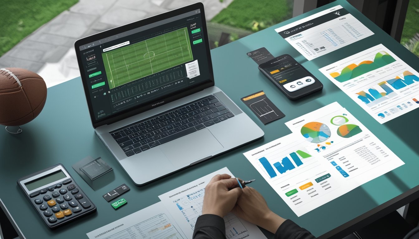 Meja kerja modern dengan laptop analisis pertandingan sepak bola, lembar statistik, kalkulator, ponsel, dan bola.