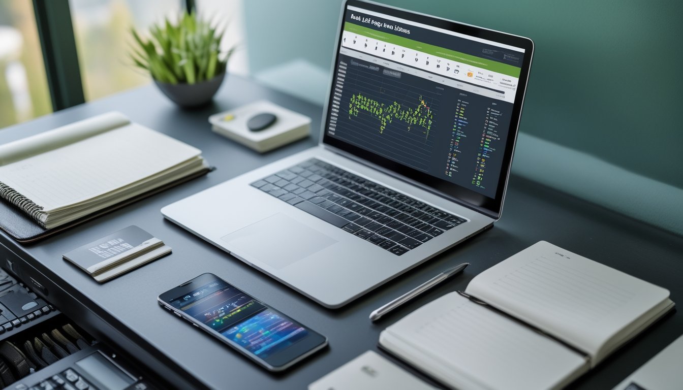 Laptop dengan data analisis pertandingan sepak bola, buku catatan kosong, kalkulator, dan ponsel di atas meja.