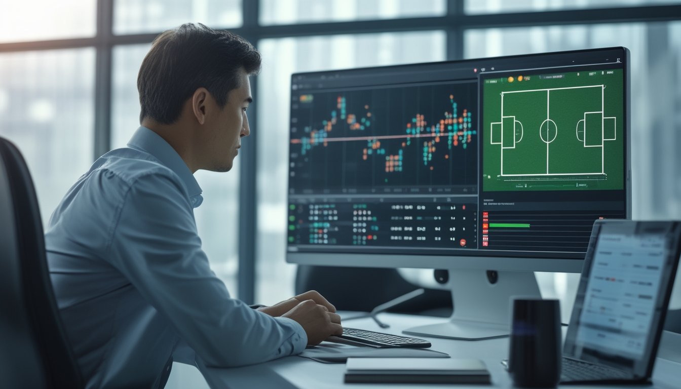 Seorang analis mempelajari data pertandingan sepak bola di ruang kerja modern.