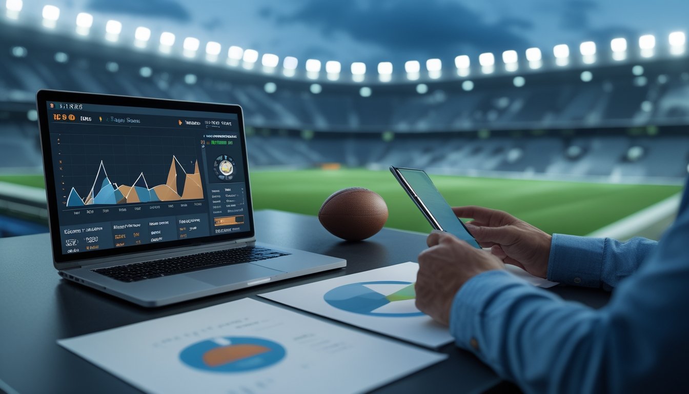 Meja analisis olahraga dengan laptop berisi grafik pertandingan sepak bola, tablet, dokumen analisis, dan bola di dekat stadion.