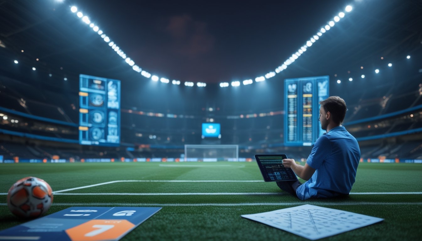 Analis olahraga mempelajari strategi pertandingan sepak bola di stadion yang terang pada malam hari.