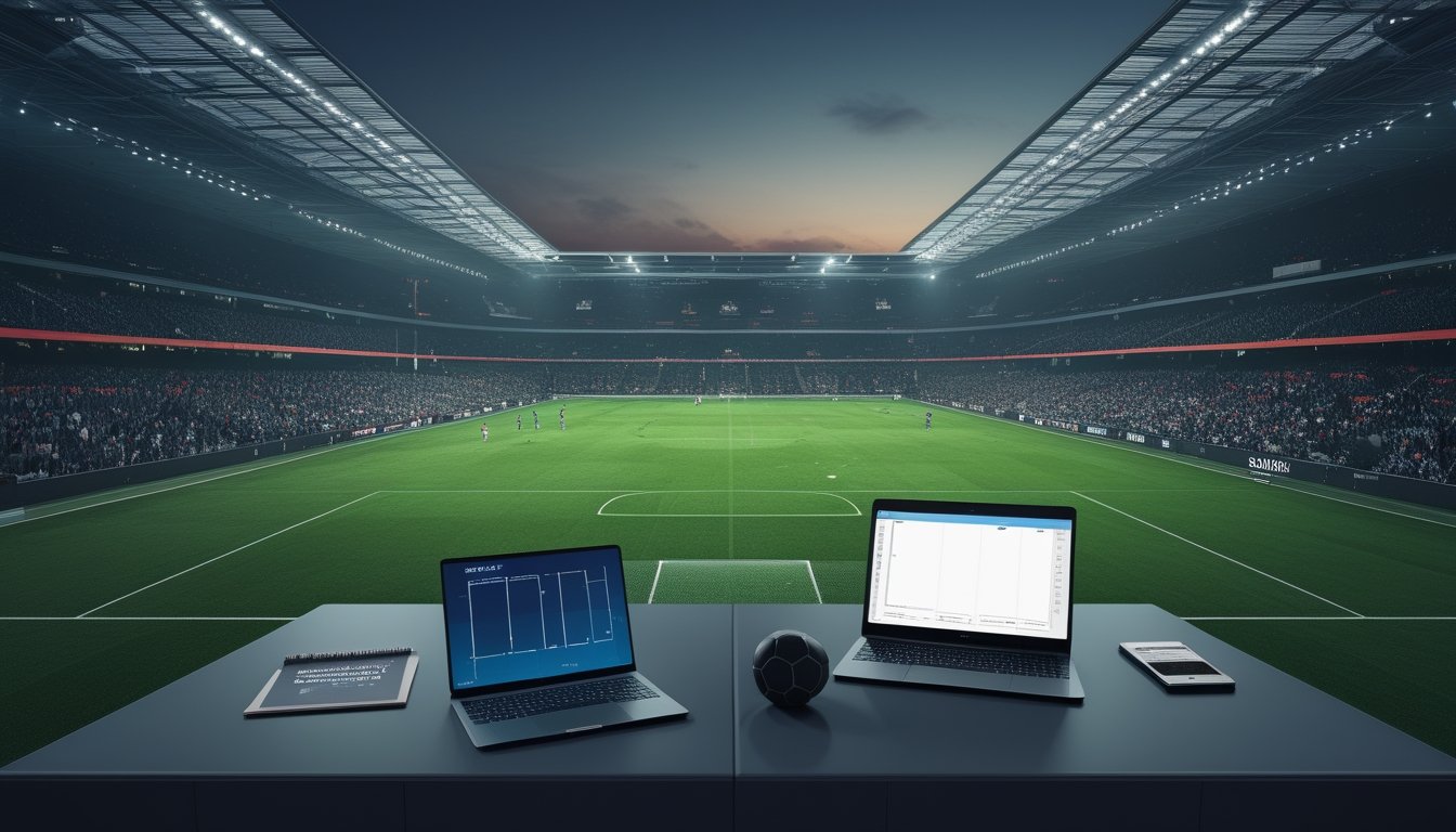 Suasana stadion sepak bola malam hari dengan lapangan, dua tim, dan meja analisis pertandingan.