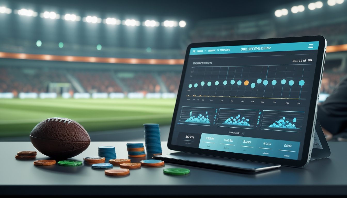 Meja analisis sepak bola dengan bola, keping taruhan, dan tablet berisi data pertandingan di depan stadion yang ramai.