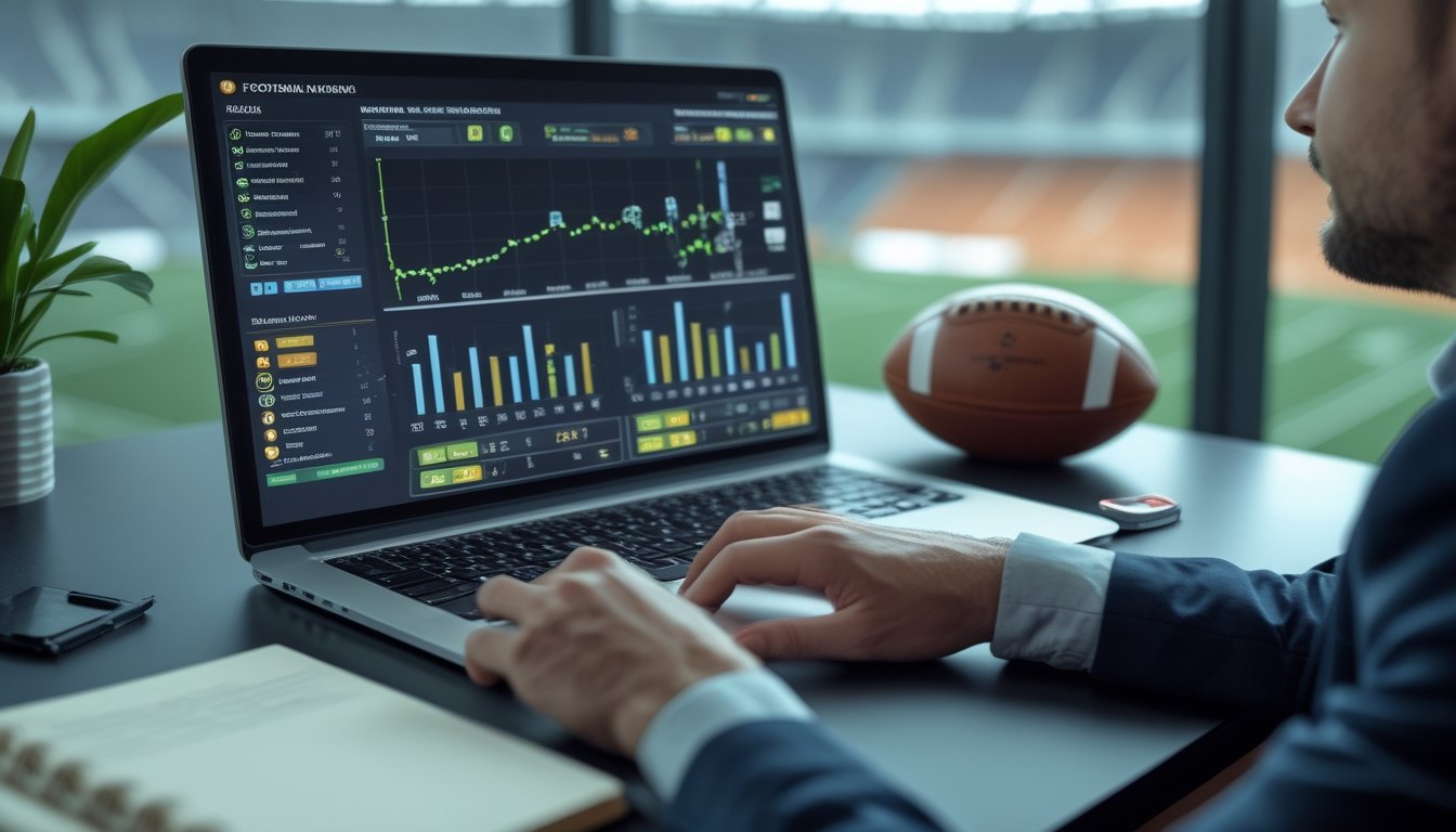 Analis sepak bola meninjau berbagai statistik pertandingan dan kategori taruhan di laptop di samping bola.