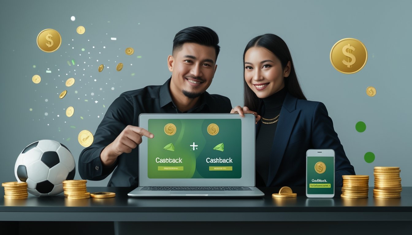Dua orang merayakan promosi taruhan sepak bola dengan laptop, ponsel, bola, dan simbol hadiah berbentuk koin emas.