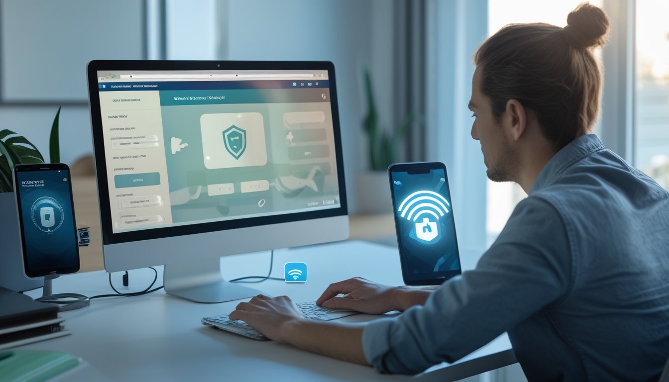 Seseorang menggunakan laptop dengan simbol keamanan dan koneksi internet di ruang kerja modern.