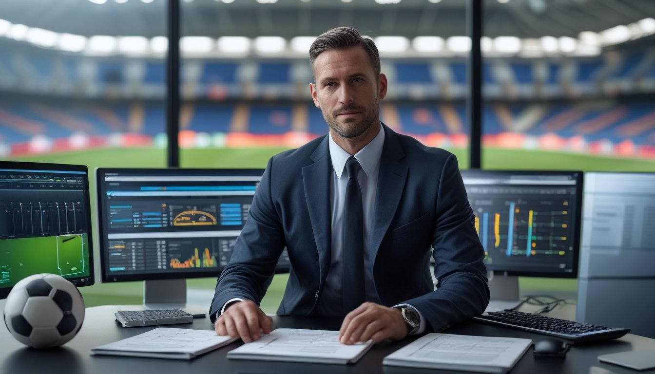 Seorang analis sepak bola profesional meninjau statistik pertandingan di studio modern dengan latar stadion.