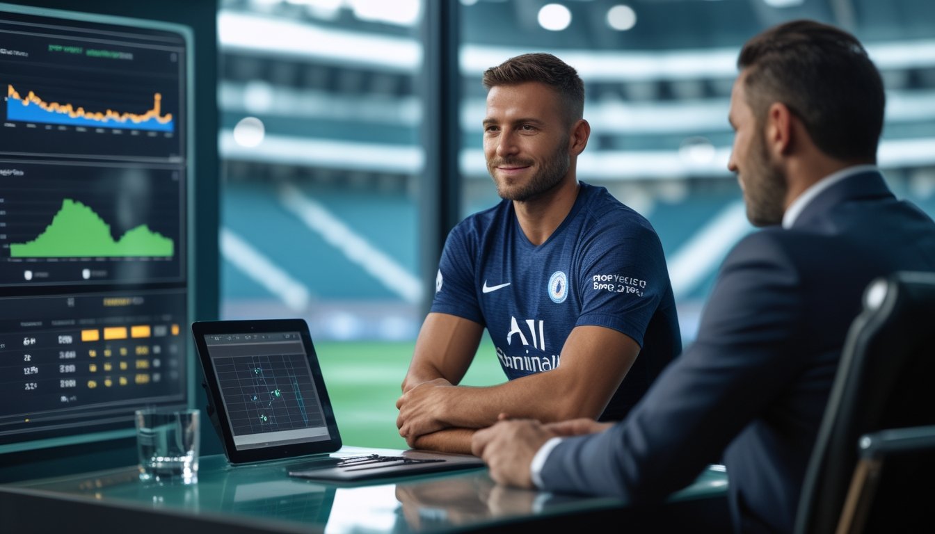 Pemain sepak bola profesional berbicara dengan analis di studio olahraga dengan tablet dan bola di atas meja.