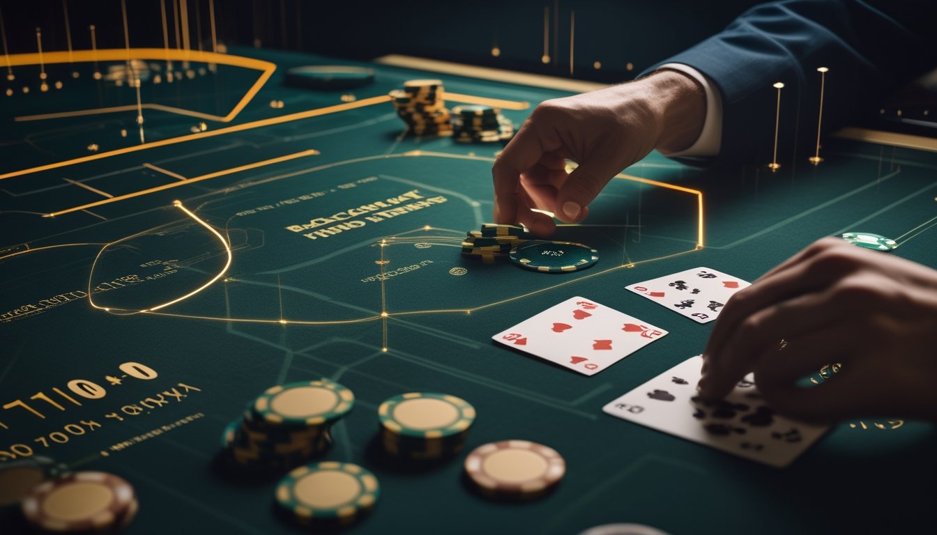 Meja baccarat dengan kartu, keping taruhan, dan visualisasi tren abstrak dalam suasana kasino modern.