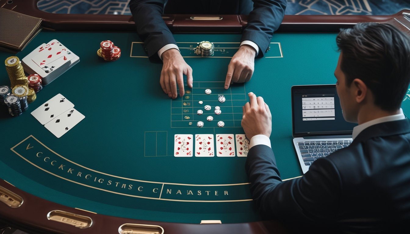 Meja baccarat dengan kartu, keping kasino, dan tablet yang digunakan untuk menganalisis pola permainan.