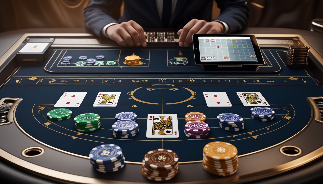 Meja baccarat dengan kartu, tumpukan chip, dan perangkat analisis yang menggambarkan perbandingan dua strategi taruhan.
