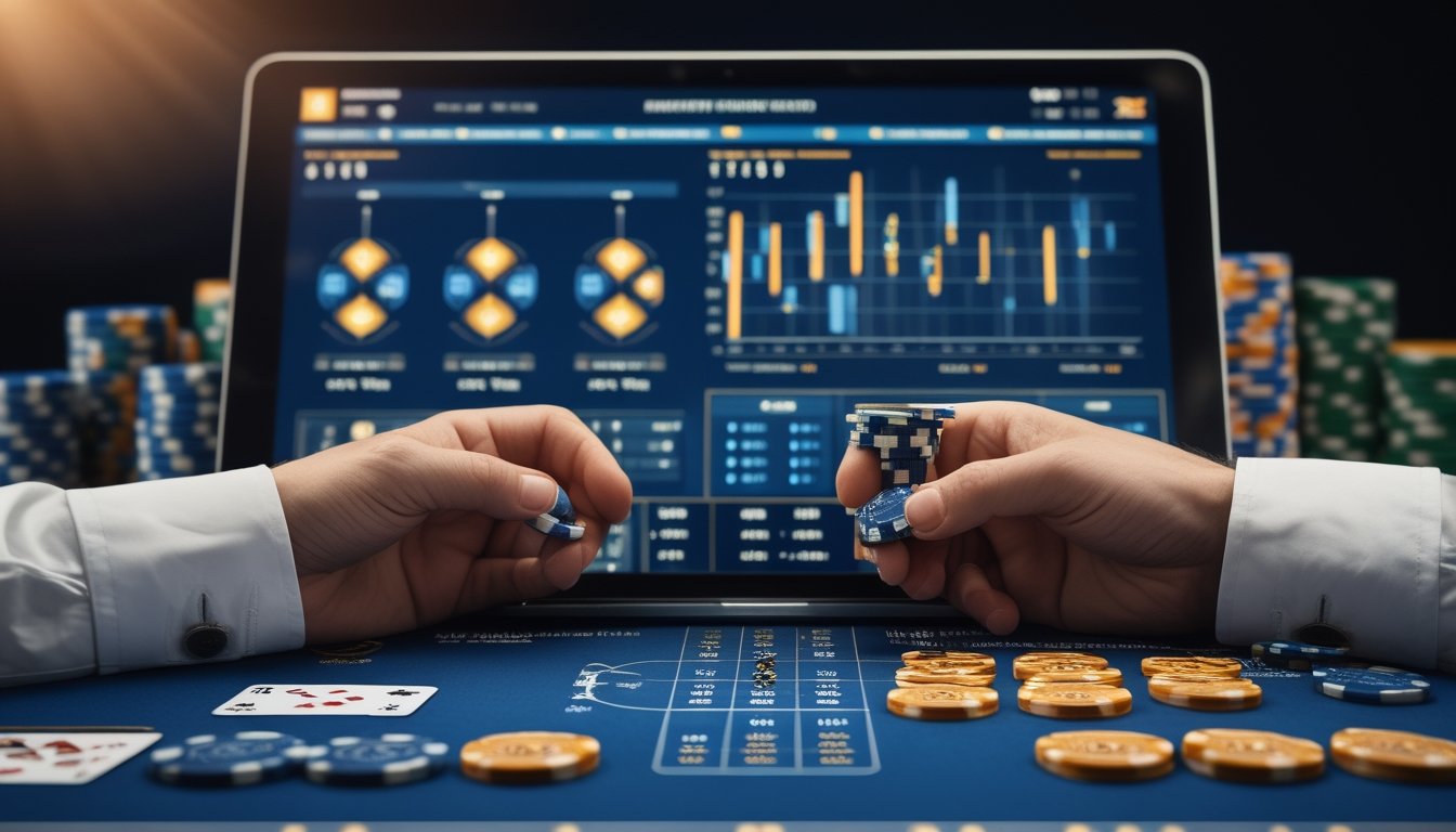 Meja baccarat dengan kartu, chip tersusun dalam pola taruhan progresif, dan perangkat berisi grafik statistik yang dibuat samar.