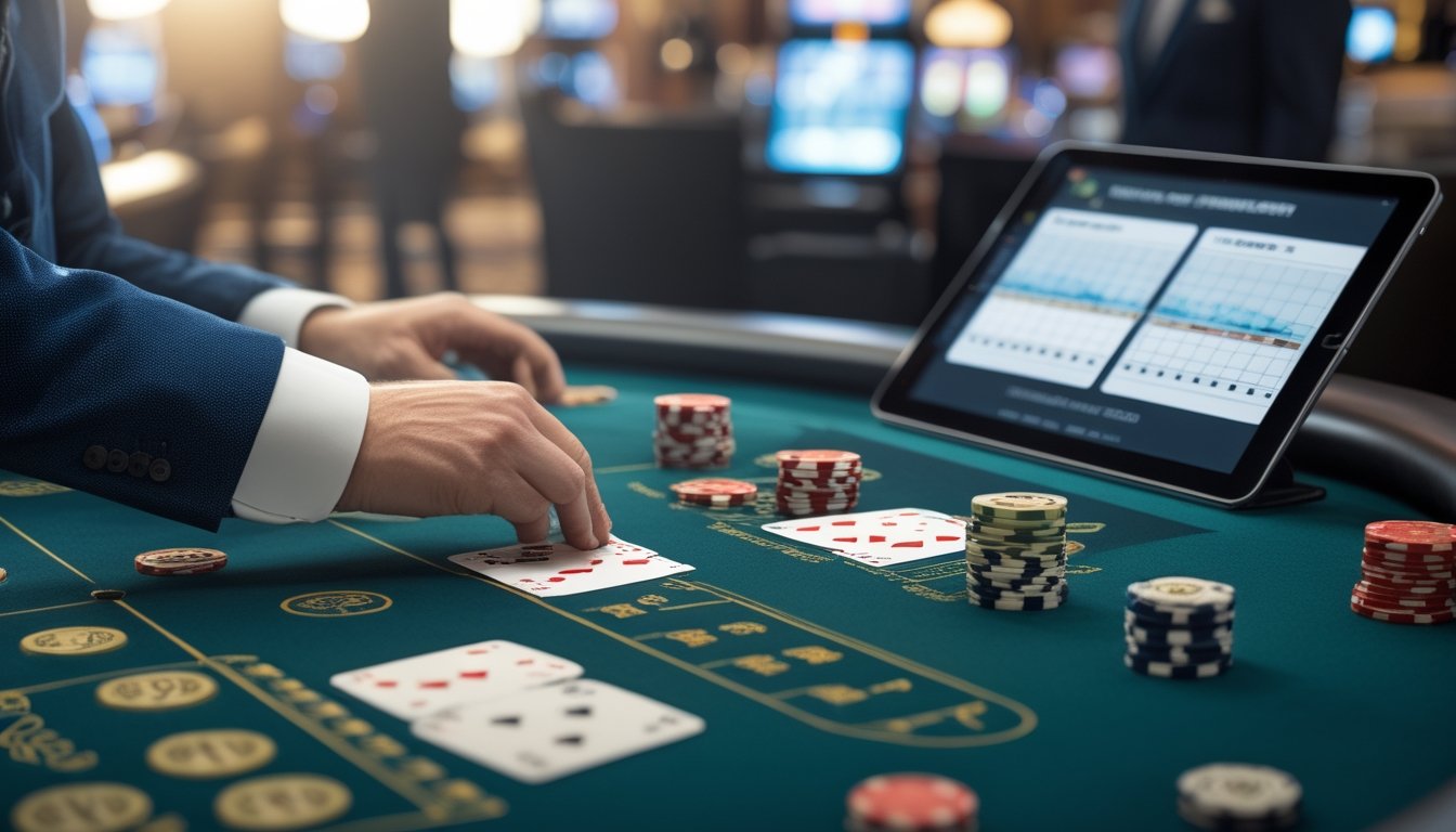 Seorang analis mempelajari kartu, keping kasino, dan grafik probabilitas di meja baccarat.