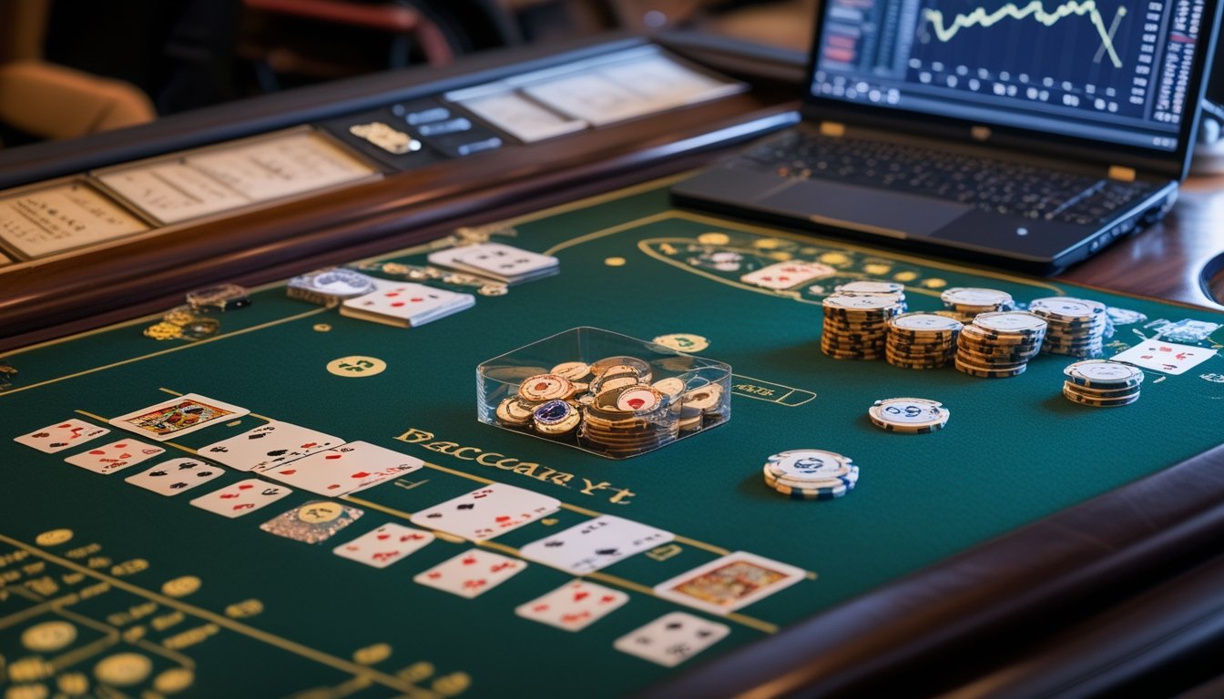 Meja baccarat dengan kartu, keping kasino, dan perangkat laptop yang menampilkan grafik abstrak.
