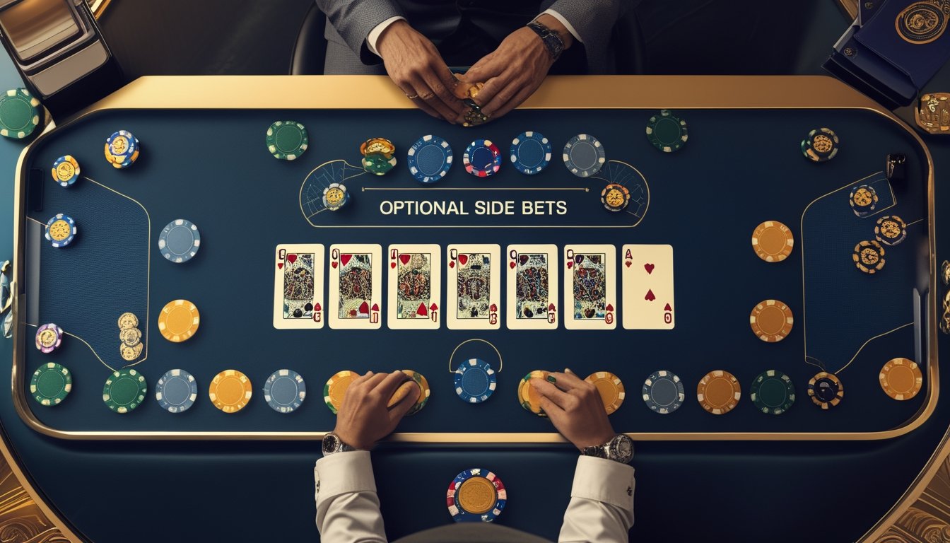 Meja baccarat dengan kartu, chip utama, dan chip taruhan sampingan yang dipisahkan serta tidak digunakan.