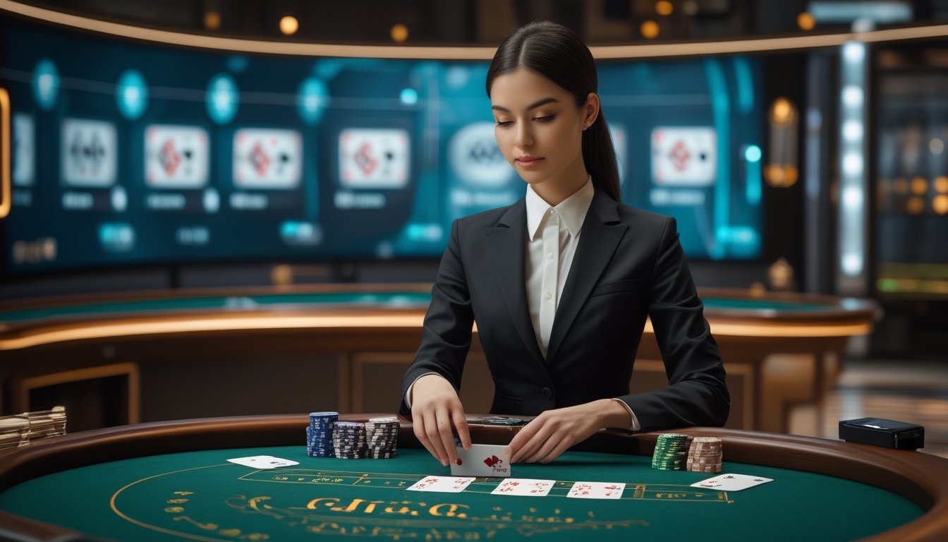 Dealer membagikan kartu di meja baccarat dalam studio kasino live yang modern.