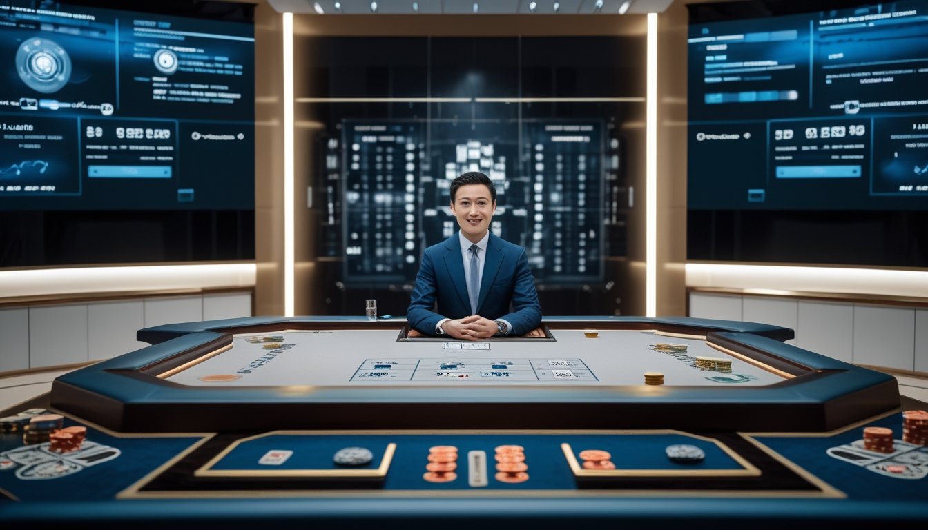 Dealer profesional memandu permainan baccarat di studio modern dengan kamera siaran dan teknologi digital.