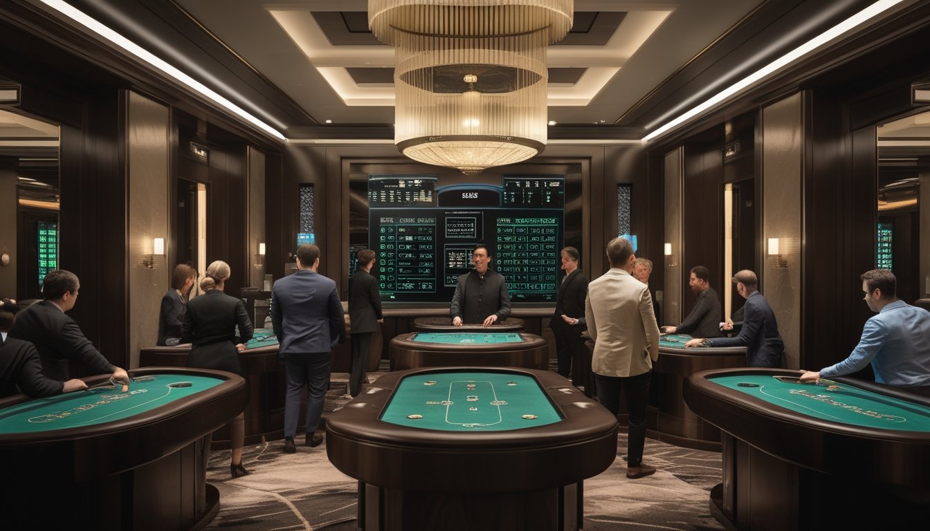 Beberapa pemain dewasa bermain baccarat di meja berbeda dalam ruang kasino modern.