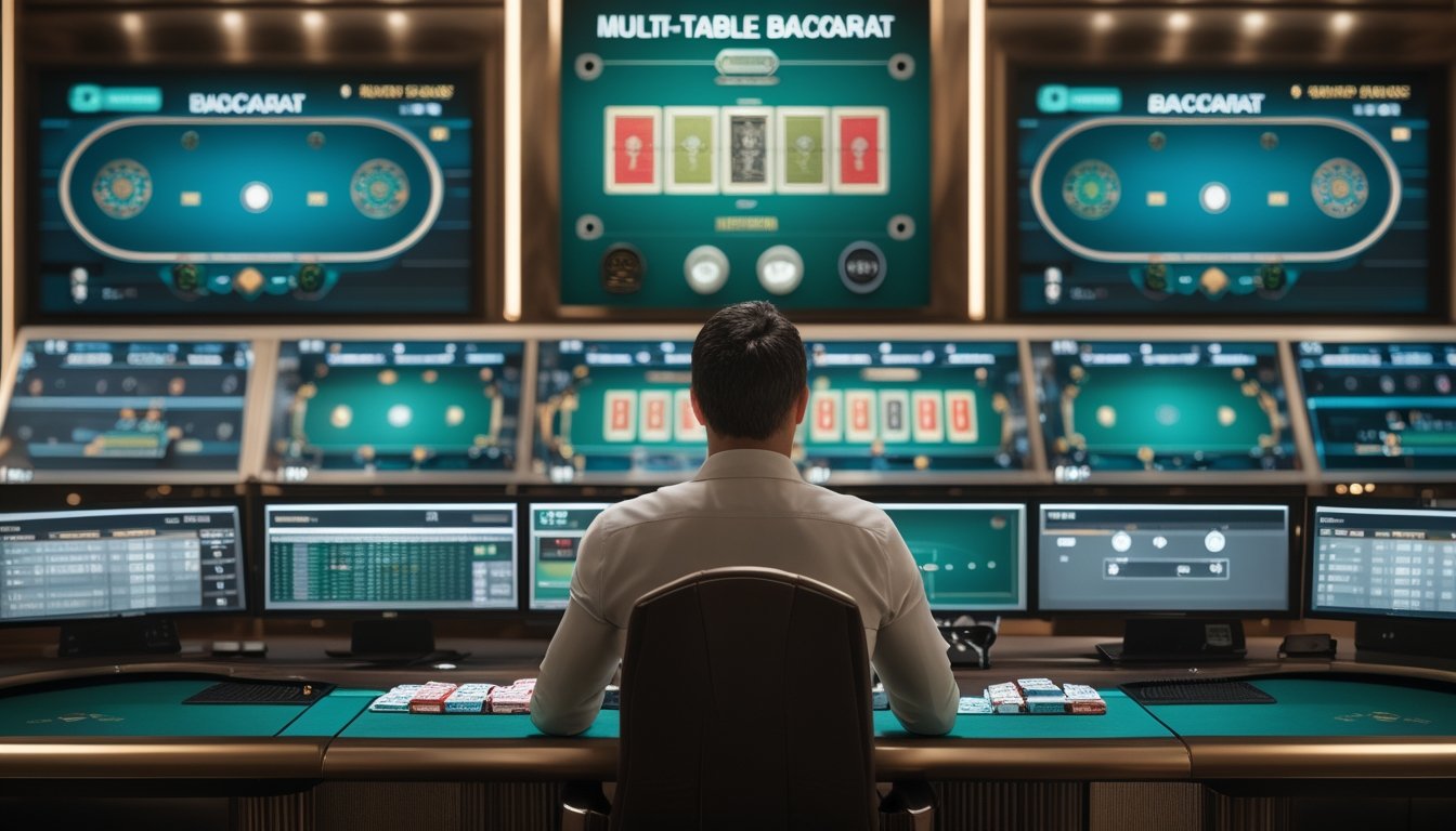 Seorang pemain melihat beberapa meja baccarat online yang tampil bersamaan di sejumlah monitor.