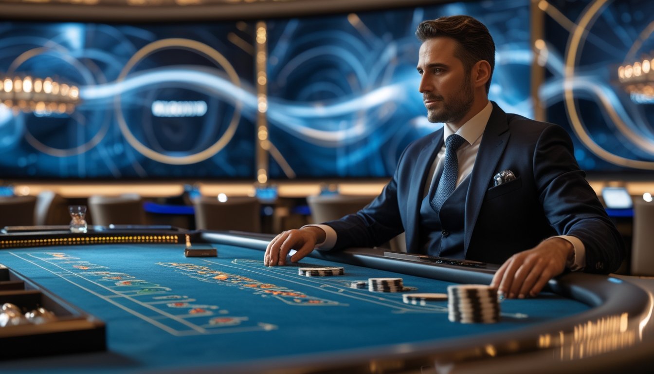 Pemain dan bandar bermain baccarat di meja kasino modern dengan tampilan streaming digital bercahaya.