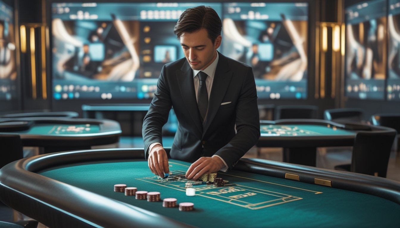 Dealer sedang membagikan kartu baccarat di meja permainan dengan layar streaming langsung beresolusi tinggi di latar belakang.