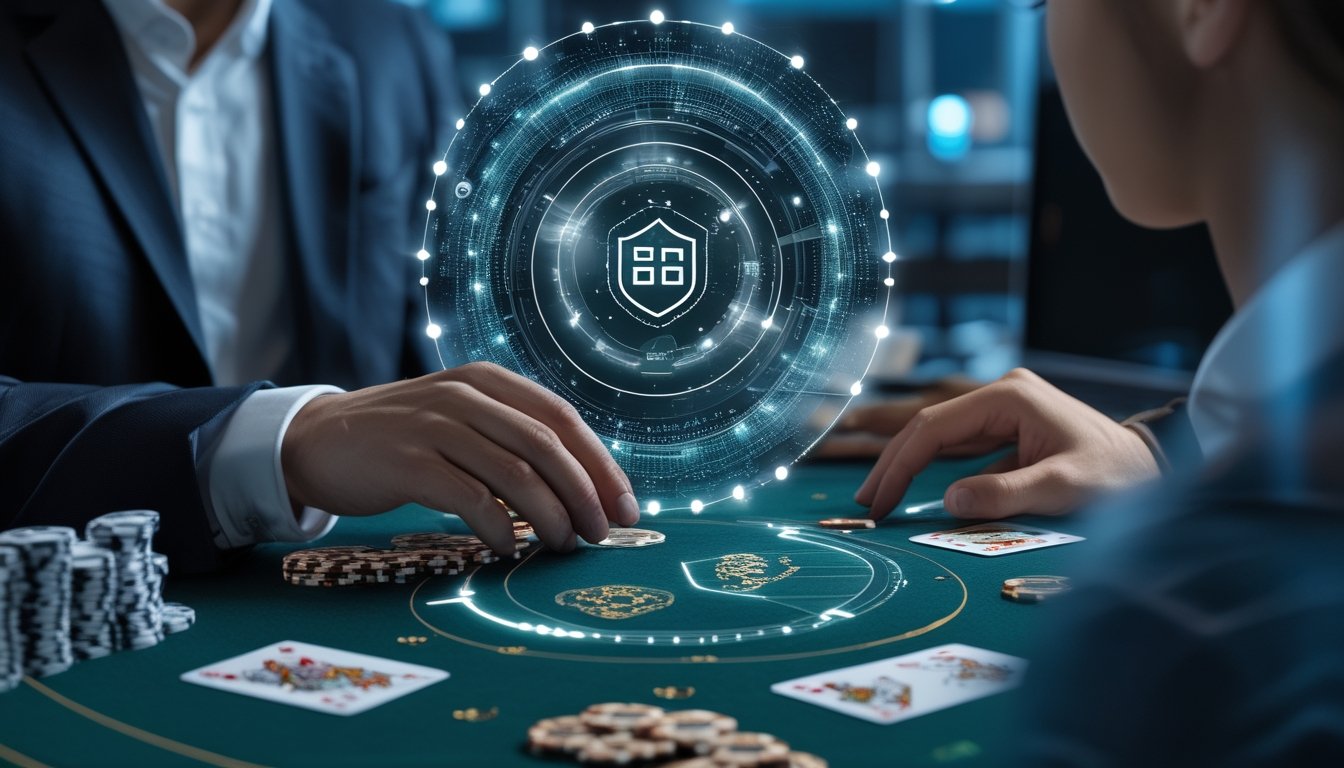 Meja baccarat modern dengan kartu dan keping taruhan yang dikelilingi visualisasi keamanan digital.