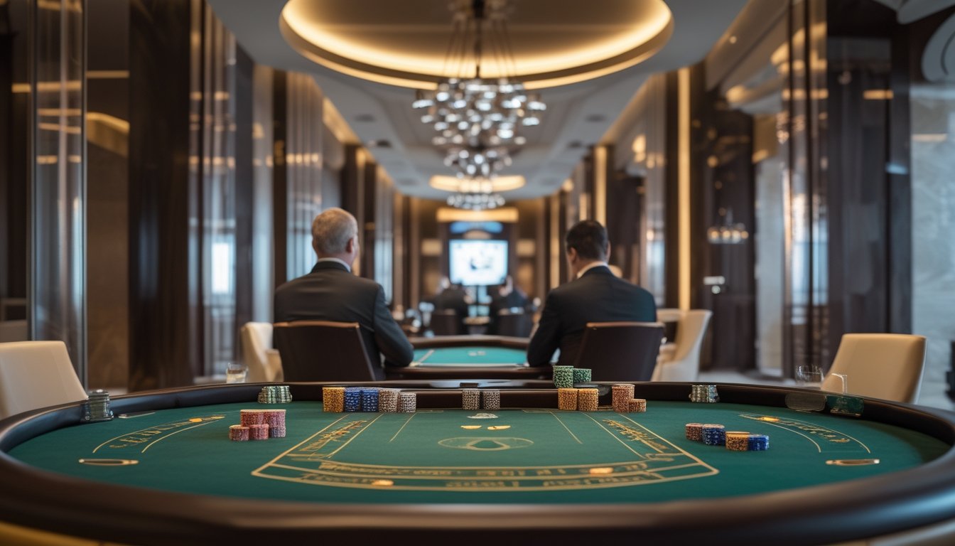 Meja baccarat VIP di ruang kasino mewah dengan kartu dan keping taruhan, dikelilingi suasana elegan dan privat.