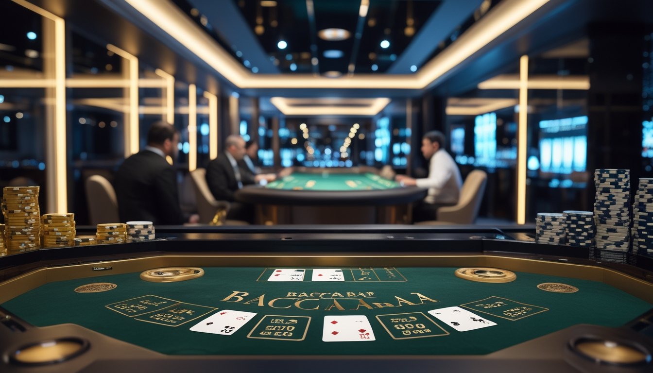 Ruangan kasino VIP mewah dengan meja baccarat, kartu, keping taruhan, dan beberapa pemain berpakaian formal.